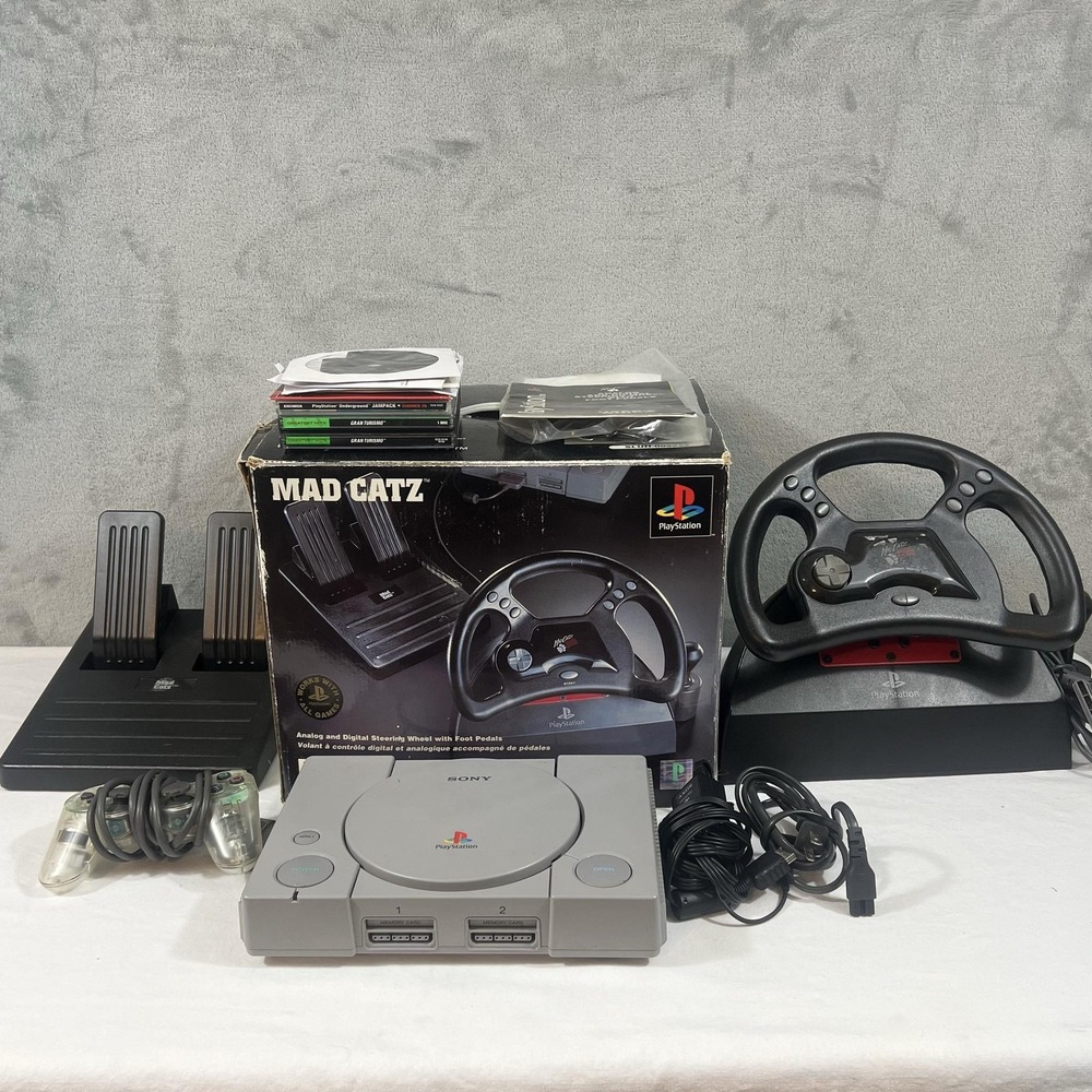 Sony PlayStation 1 SCPH-5501 Console Mad Catz Wheel Pedals PS1 7 Disc Lot